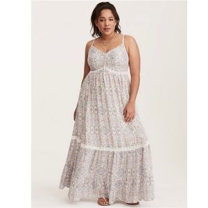 White Blue Pink Maxi smocked dress w/lace.